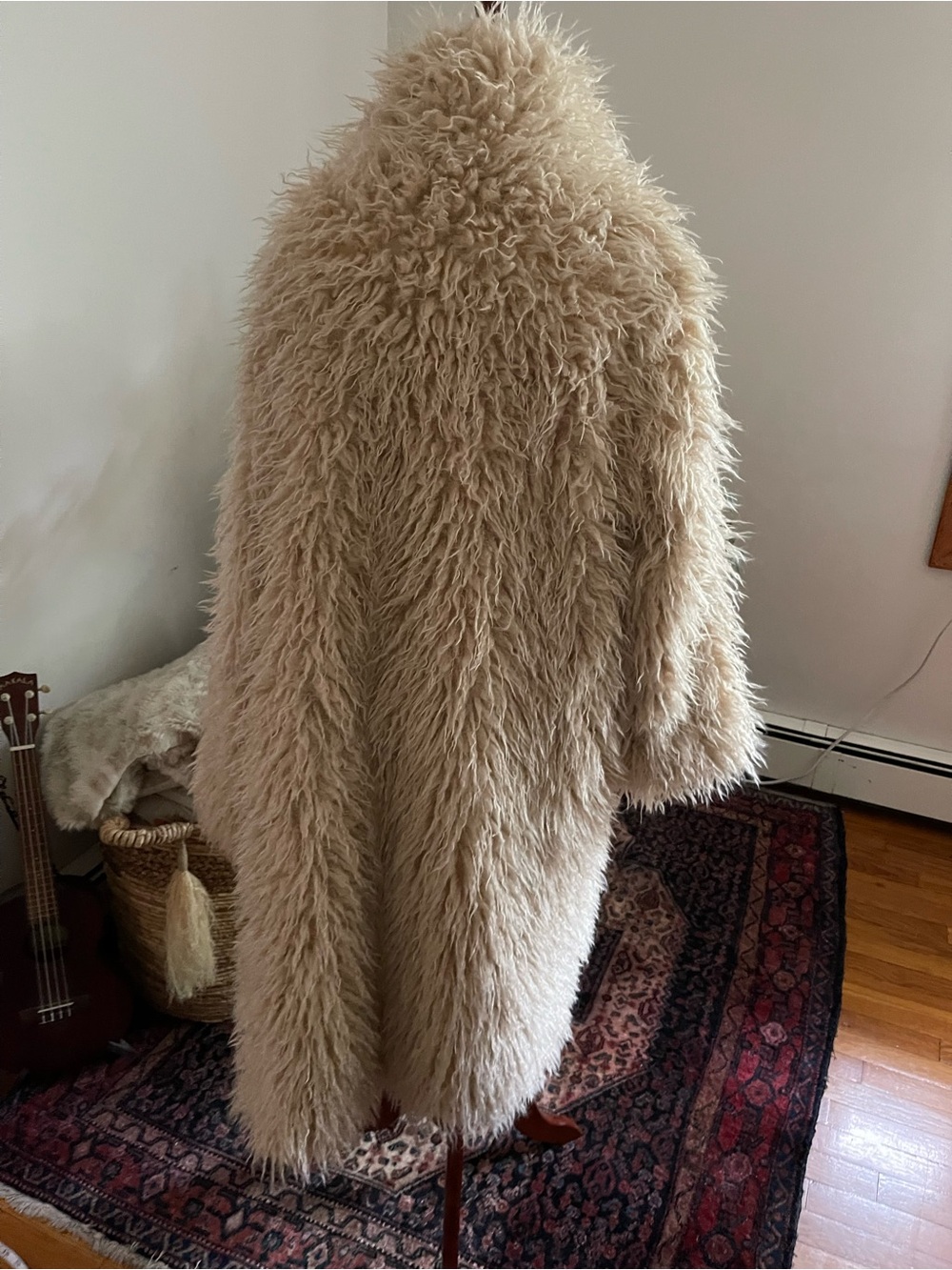 Beige Faux Fur Long Coat - Women's Shaggy Jacket - Picture 3 of 4